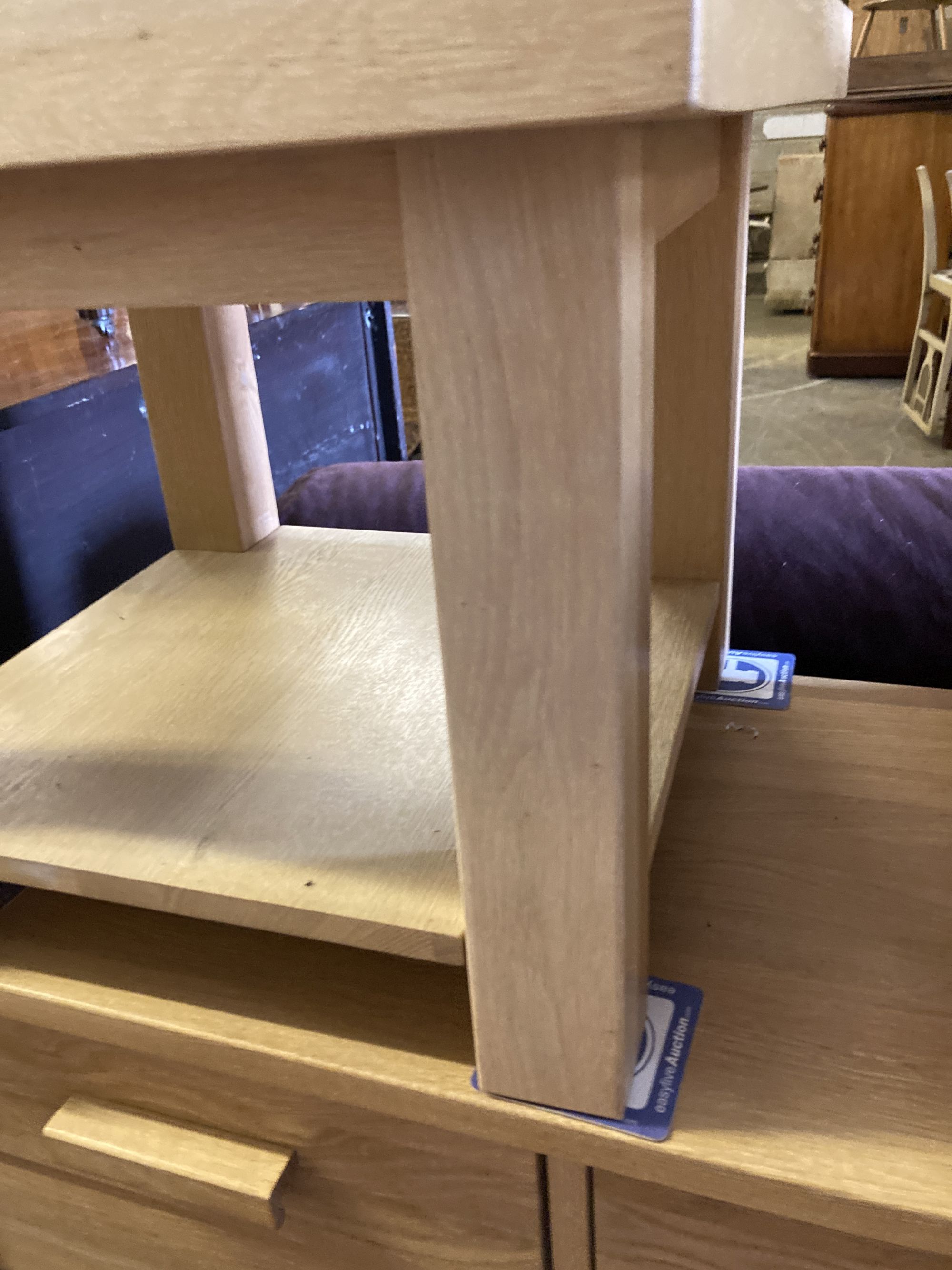 A pair of contemporary oak two-tier occasional tables, width 55cm, depth 55cm, height 45cm